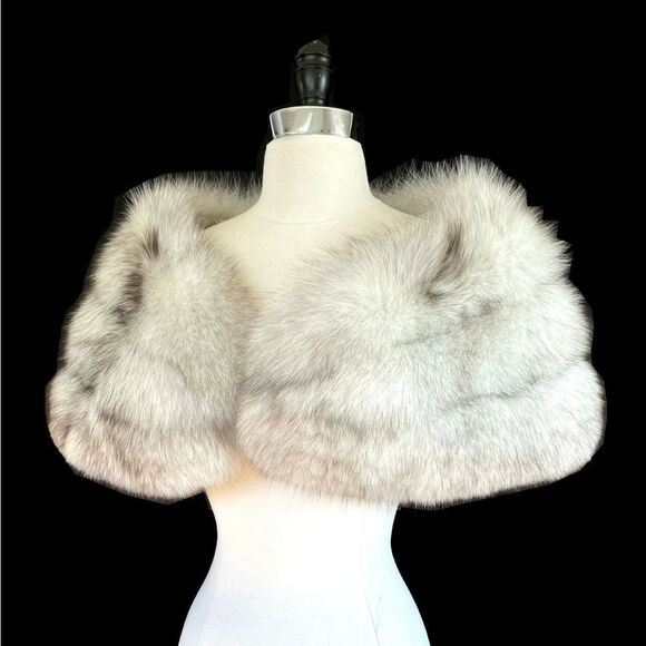 ♥️ White Norwegian FOX Fur Stole Bridal Shawl Cape, Winter Wedding Caplet Gatsby - Picture 3 of 16